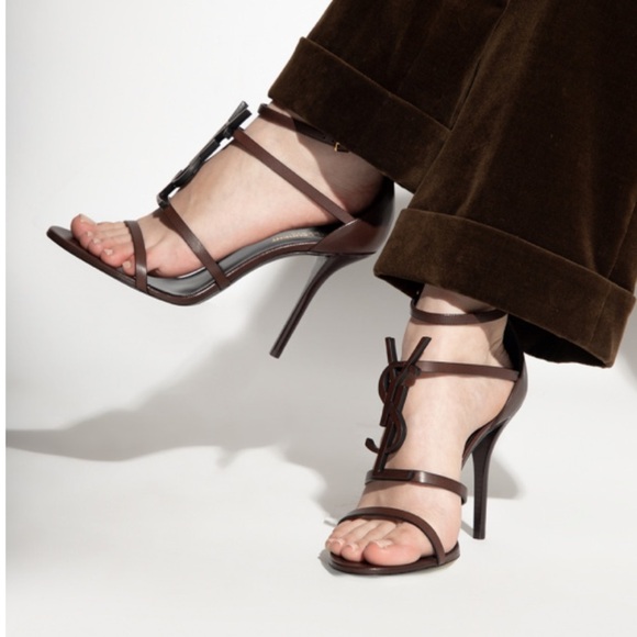 Saint Laurent Cassandra sandals in smooth chocolate brown leather with brown YSL - Picture 2 of 4